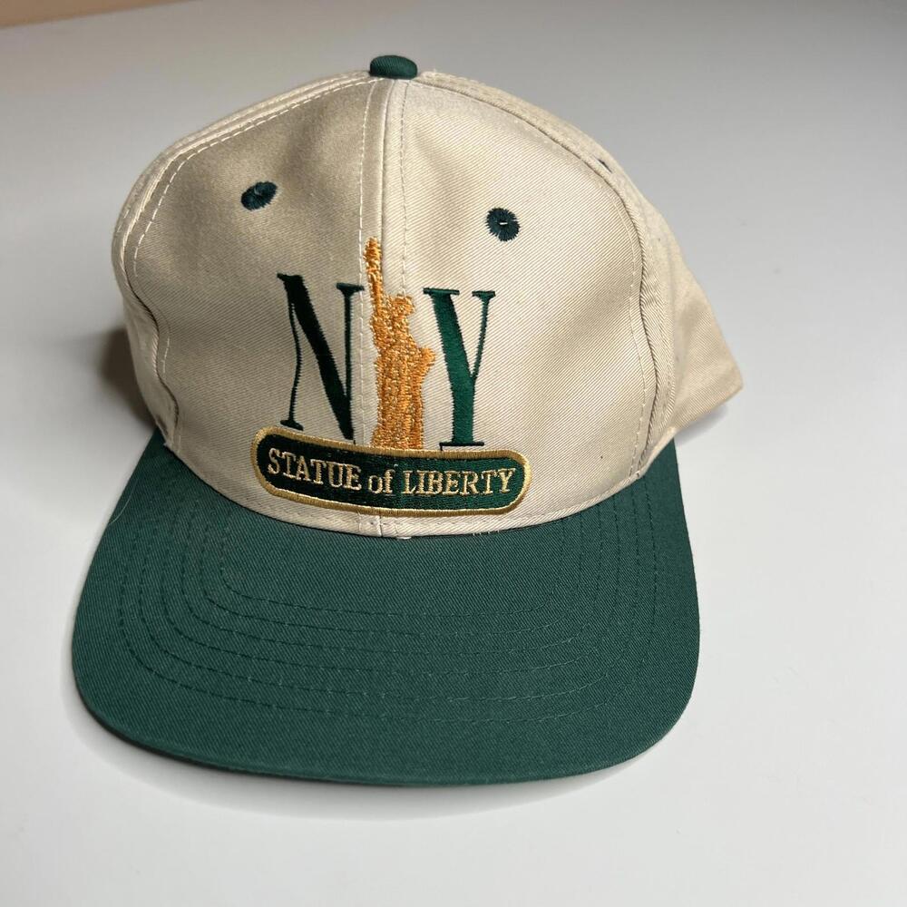 Vintage 80s 90s NY Statue of Liberty Hat Made in Taiwan ROC Green Beige Snapback
